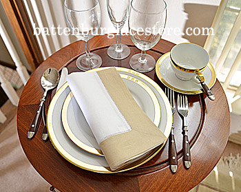 White Hemstitch Dinner Napkin with Taupe border